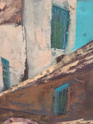 Pintura óleo lienzo callejón pueblo vintage retro