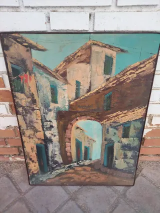 Pintura óleo lienzo callejón pueblo vintage retro