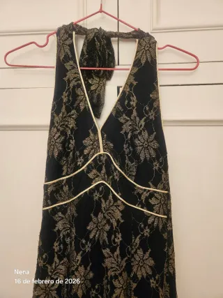 Vestido largo fiesta encaje negro y dorado