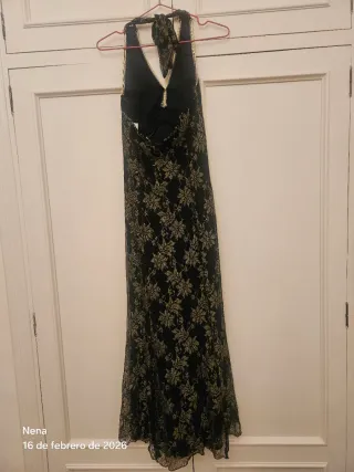 Vestido largo fiesta encaje negro y dorado