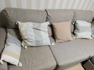 Sofá 3 plazas tela beige y gris con cherlonge