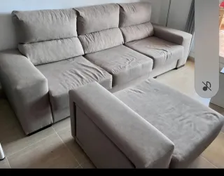 Sofá 3 plazas tela beige y gris con cherlonge