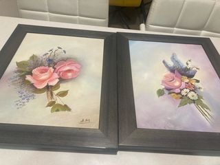 2 quadri a olio con fiori rosa e blu