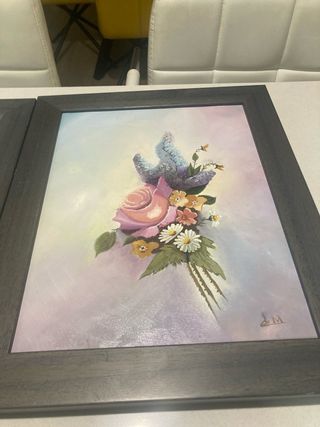 2 quadri a olio con fiori rosa e blu