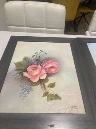 2 quadri a olio con fiori rosa e blu