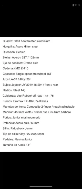 Bicicleta infantil Ridgeback MX14 roja