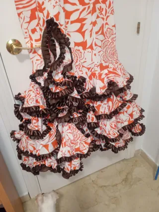Traje Flamenca Blanco y Naranja estampado