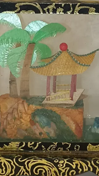 Diorama Chino Antiguo Corcho Tallado Vintage9/8 cm