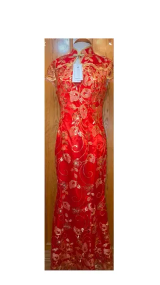 Vestido fiesta chino rojo y dorado