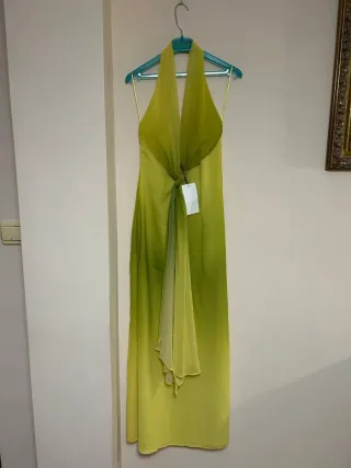 Vestido largo Zara nudo verde y amarillo T.XS