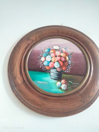 Dipinto a olio floreale rotondo 39 cm
