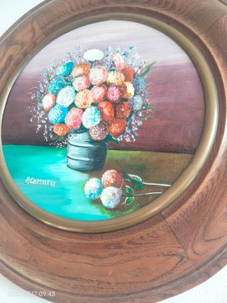 Dipinto a olio floreale rotondo 39 cm