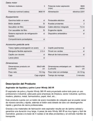 Aspirador Lavor Windy 365 IR INOX