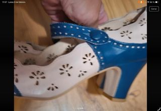Zapatos verano tacón de piel azul/beige talla 41