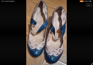 Zapatos verano tacón de piel azul/beige talla 41