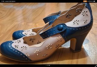 Zapatos verano tacón de piel azul/beige talla 41