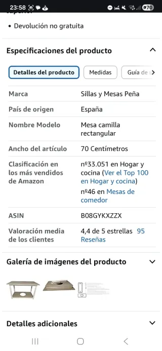 Mesa Camilla Rectangular Desmontable