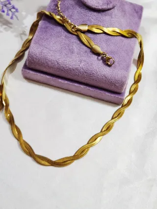 Conjunto Cadena y Pulsera de acero bañado en oro