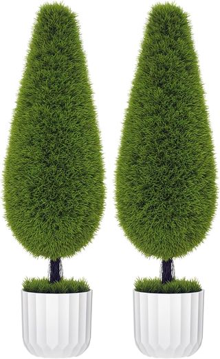 Set di 2 piante artificiali per interni, cipresso finto, vasi Ø12X16 cm, muschio e cemento, piante artificiali realistiche da 90 cm in PE e plastica, verde e bianco