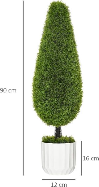 Set di 2 piante artificiali per interni, cipresso finto, vasi Ø12X16 cm, muschio e cemento, piante artificiali realistiche da 90 cm in PE e plastica, verde e bianco