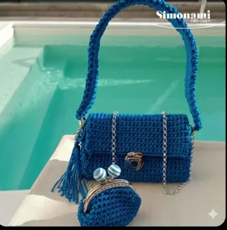 Set Borsa + Portamonete Uncinetto Blu In Cordino