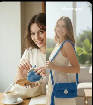 Set Borsa + Portamonete Uncinetto Blu In Cordino