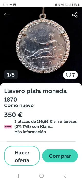 Collar con Moneda de plata 5 Pesetas 1870