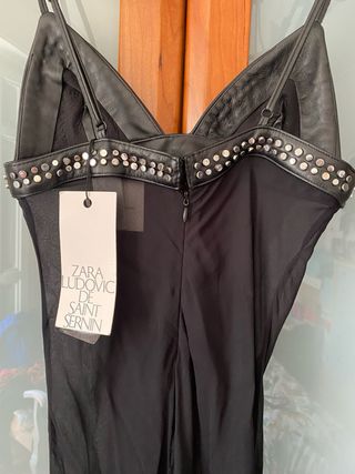 Vestido largo gasa y piel ovina negro