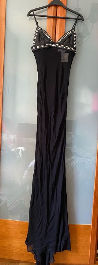 Vestido largo gasa y piel ovina negro