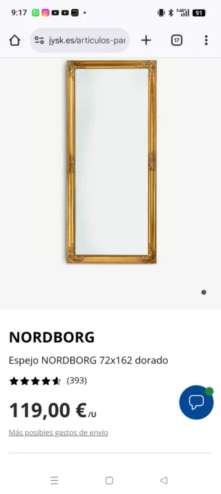 Espejo NORDBORG 72x162 Dorado