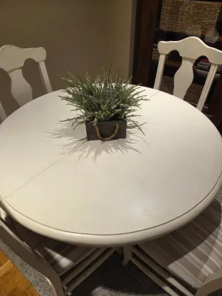 Mesa redonda extensible y 4 sillas tapizadas.