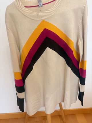 Jersey beige con V multicolor fucsia negro