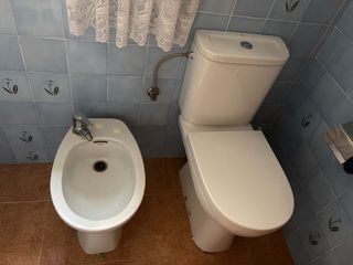 Conjunto baño completo azul y blanco Roca