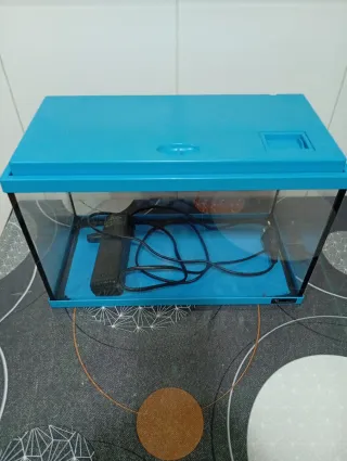 Pecera azul de cristal con filtro