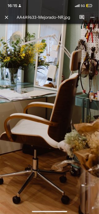 Silla Escritorio Piel y Madera Blanca