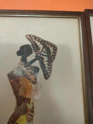Pareja cuadros alas demariposas años 70