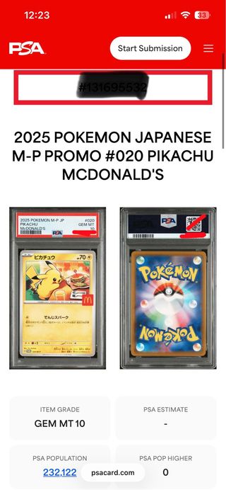 Carta Pokémon Pikachu McDonald's PSA 10