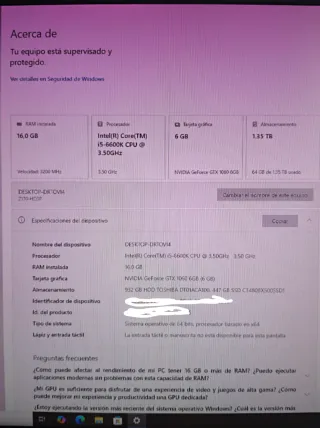 PC Gaming nvidia 1060/i5-6600K/16GBRam/ 500SSD/1tb