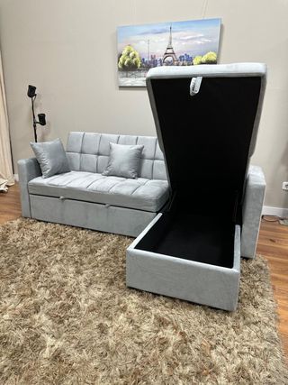 Sofá Cama Chaise Longue Gris con Arcón