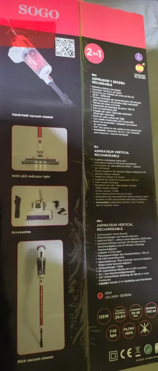 Aspiradora Sogo Recargable Blanca y Roja