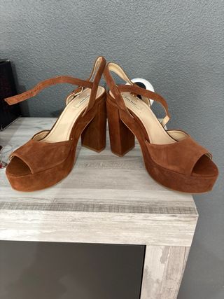 Sandalias Zara Tacón Plataforma Marrón Talla 39