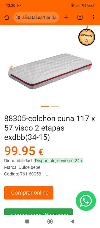 Colchón Cuna 117x57cm; grosor 13cm. Poco uso.