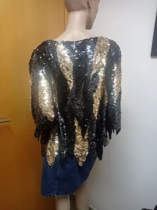 Blusa Top Lentejuelas Seda Negro Dorado