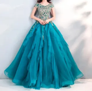 Vestido de fiesta largo azul y dorado