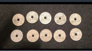 10 Monedas 50 Céntimos con Agujero 1941-1963