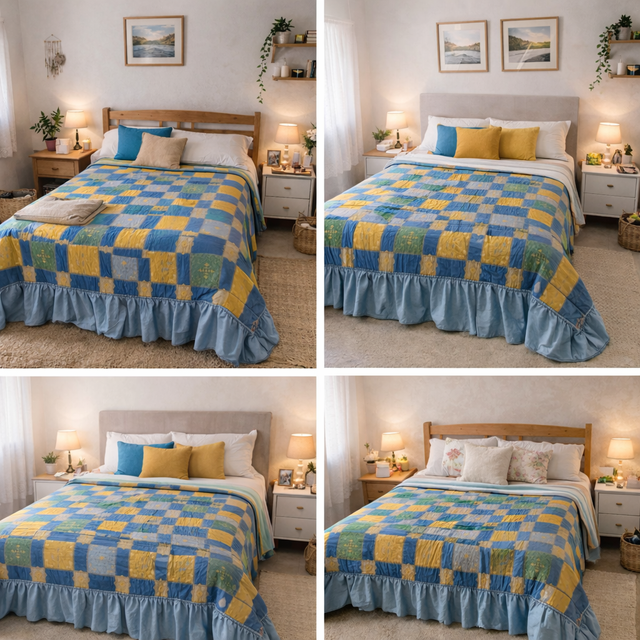 Colcha de tela azul, verde, amarillo cama matrimon