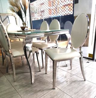 Mesa Comedor Cristal Templado + 6 Sillas Cromadas