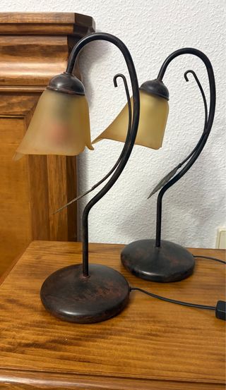 Juego 2 lámparas mesita noche cristal y metal