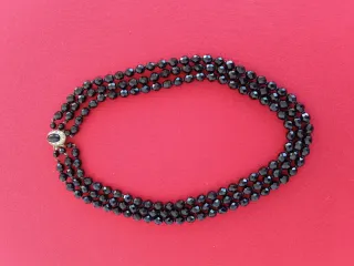Collar 3filas perla piedra azabache negro facetado