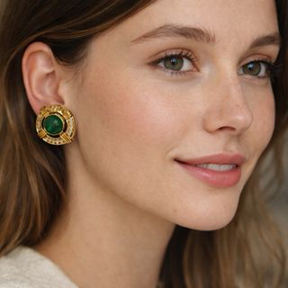 Orecchini vintage dorati con cabochon verde